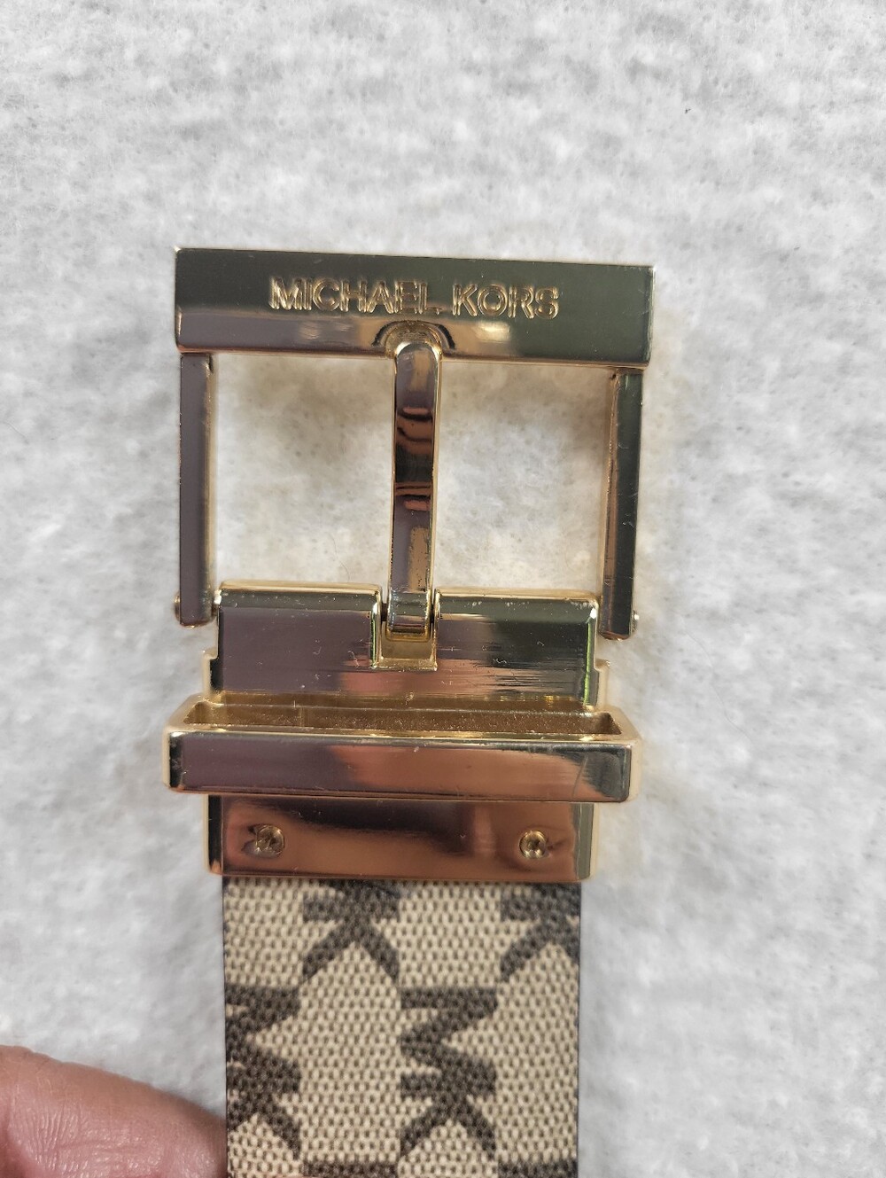 BeltMichael Kors Reversible MK Monogram Belt Gold Tone Buckle Beige & White - Picture 7 of 8